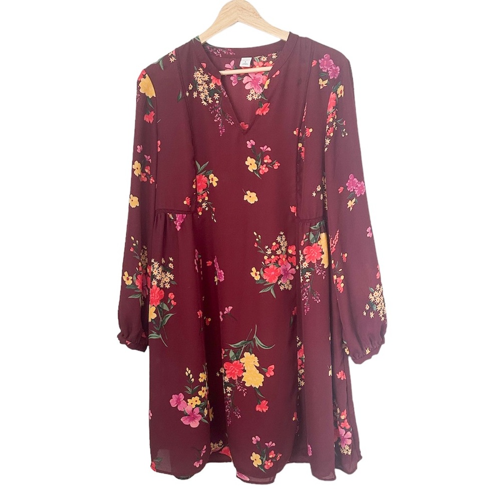 Old Navy Burgundy Red Purple Floral Dress Long Sleeved Babydoll Style — Size M